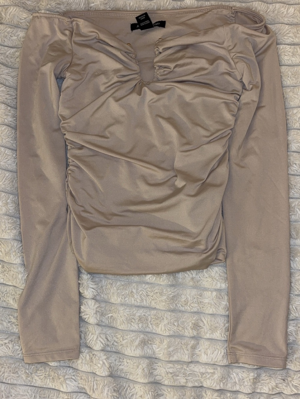 A New Day Ruched Long-Sleeve Off-Shoulder Top in Taupe